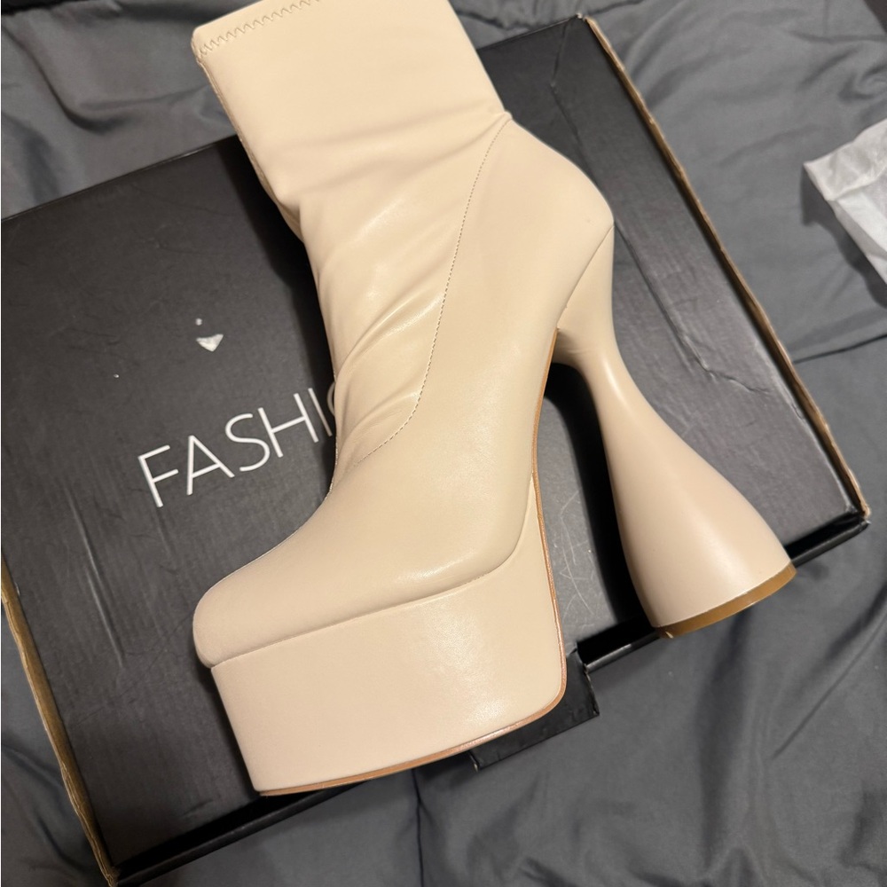 Fashion Nova Cream Platform Boots